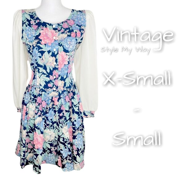 Vintage 80s Womens Floral Granny Cottagecore Sheer Sleeve Dress X-Small / Small - Picture 1 of 13